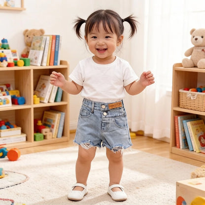 Women's Kids Summer Ripped Denim Shorts with Embossed Logo Casual Wear for Girls Cotton Blend Stretchy Jeans Shorts for Kids