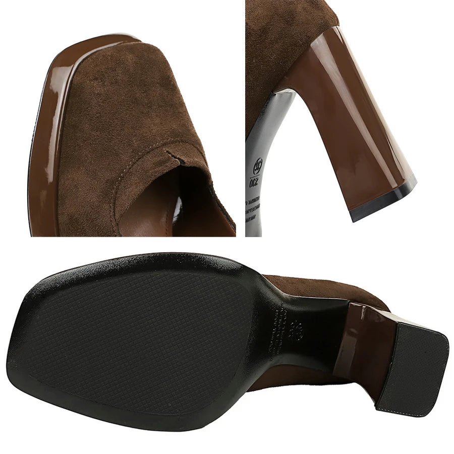 BIGTREE shoes 9 cm Chunky Block Heels Women Pumps Retro High Heels Square Headed Platform High Heels Suede Ladies Shoes 3 Colour
