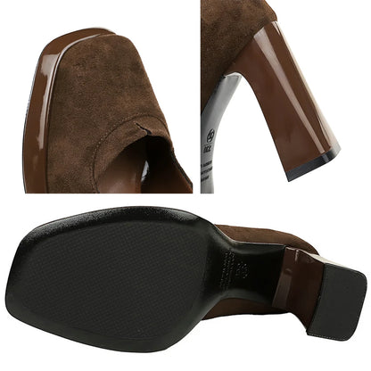 BIGTREE shoes 9 cm Chunky Block Heels Women Pumps Retro High Heels Square Headed Platform High Heels Suede Ladies Shoes 3 Colour