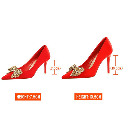 BIGTREE Shoes Luxury High Heels Women Pumps Rhinestone Bowknot Banquet Shoes Women Heels Stiletto Sexy Party Shoes Plus Size 43
