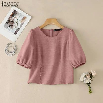 ZANZEA Summer Short Sleeve Tops Fashion Women Blouses Puff Sleeve Tee Streetwear OL Work Casual Blusas Oversize Tunic S-3XL
