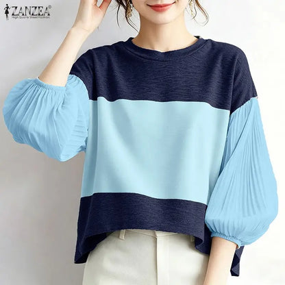 ZANZEA Women Color-Blocked T-Shirts O-Neck 3/4 Pleated Lantern Sleeve Loose Tees Spring Summer Female Elegant Fashion Blouses