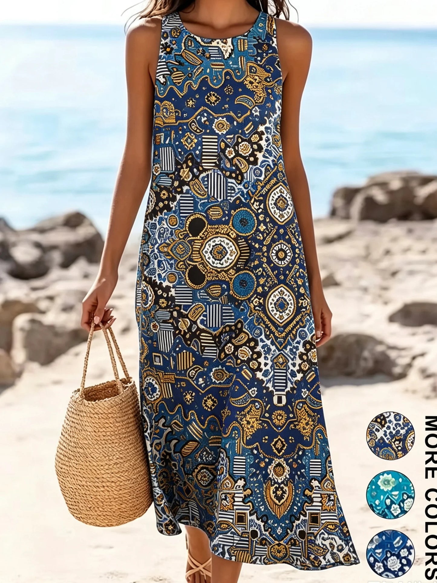 2026 Women's Sleeveless Bohemian Floral Casual Beach MIDI Sundress With Pockets Flowing and Loose Sweetheart Rustic Country