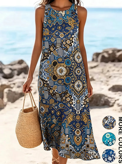 2026 Women's Sleeveless Bohemian Floral Casual Beach MIDI Sundress With Pockets Flowing and Loose Sweetheart Rustic Country