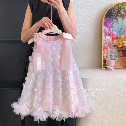 Girls' New Summer Sleeveless Sweet Peach Pink Colorful Three-Dimensional Butterfly Mesh Dress