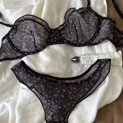 French Ultra Thin Lingerie Set Sexy Lace Floral Prints Bra Fashion Women Underwear Mesh Breathable Intimates Bras and Thong Sets