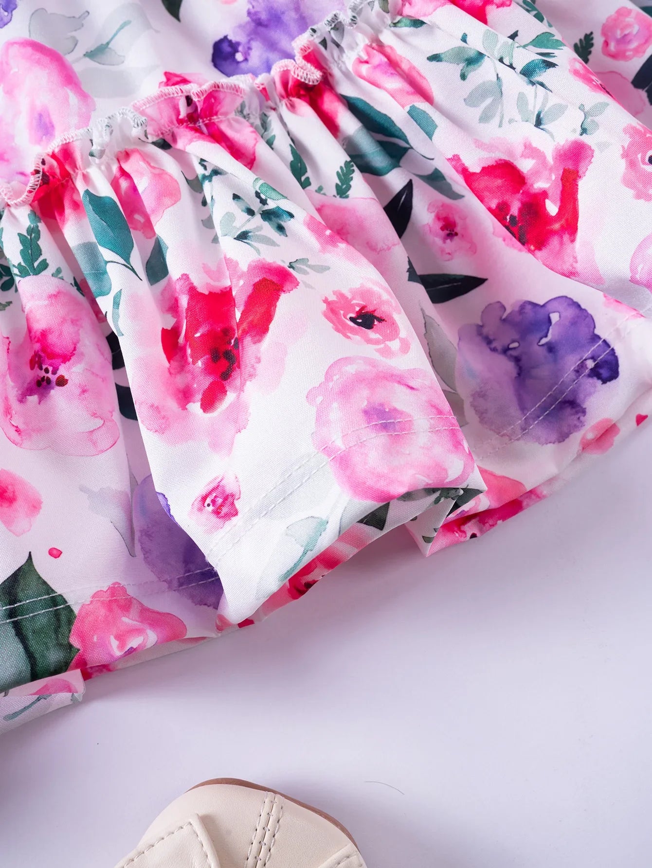 Summer Kids Girls Sweet Floral Dress with Ruffled Sleeves Smocked Waist Perfect Children Dresses Western Style Baby Clothes