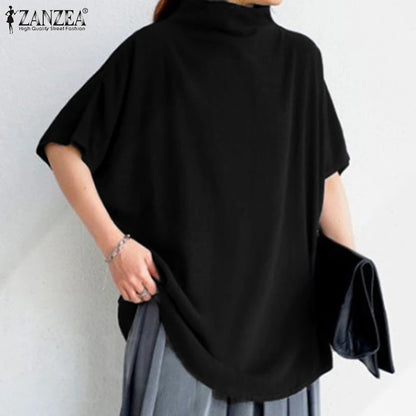 ZANZEA Causal Pure Cotton Blouse Summer Women Solid  Turtleneck Short Sleeve Back Zipper Blusas Elegant Holiday Tops Oversized