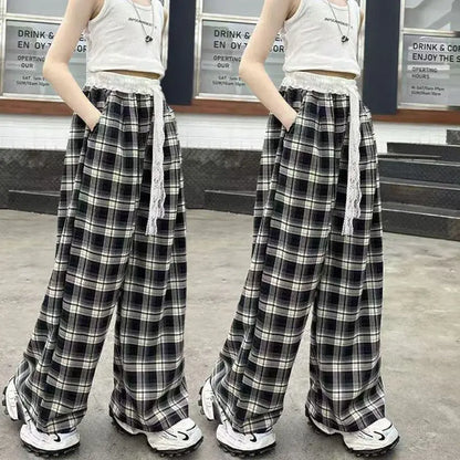 Girls' Wide Leg Pants Summer 2026 Icy Silk Plaid Loose Fit Slimming Casual Sportswear Adjustable Waist Breathable Long Pants