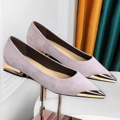 New Women Low Heeled Shoes Suede Ladies Shoes Metal Pointed Tip Women Shoes Comfort Female Shoes Low Heel Office Shoes 6 Color