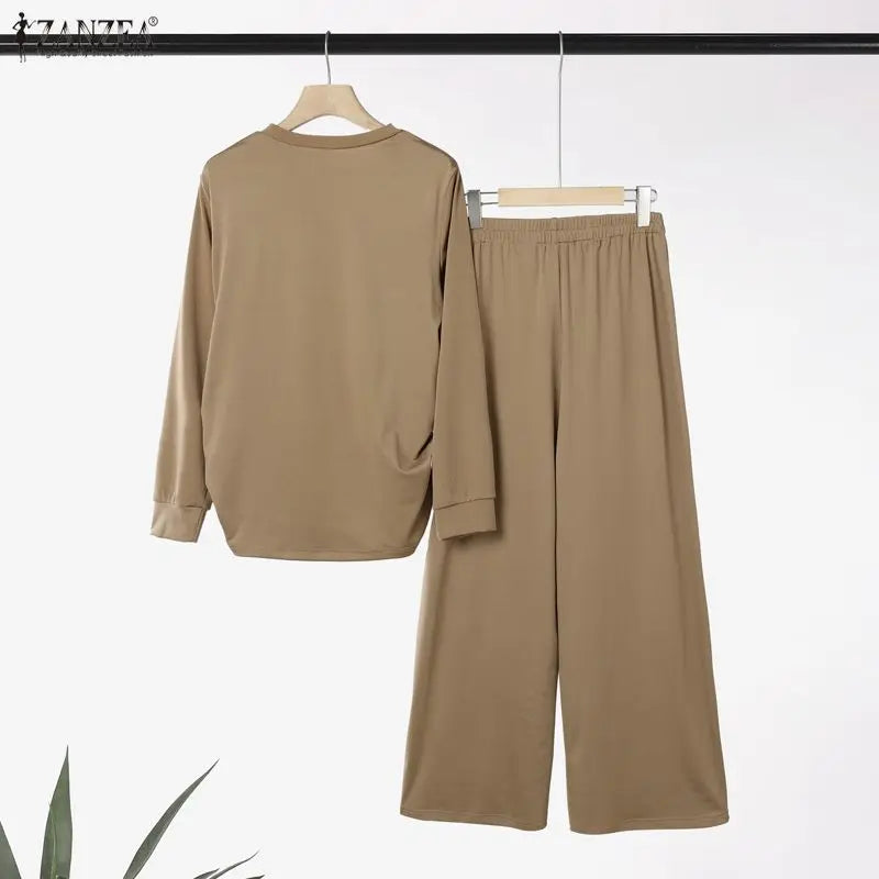 Women Muslim 2 Piece Sets Ramadan Outfits 2026 ZANZEA Casual O Neck Long Sleeve Flowers Tops Pant Sets Dubai Hijab Traccksuit