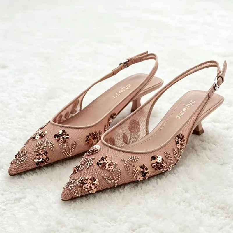 Luxury Bling String Bead Detail Mid Heel Women Pumps Pointed Toe Mesh Slingback Heeled Sandals for Ladies Elegant Women Shoes