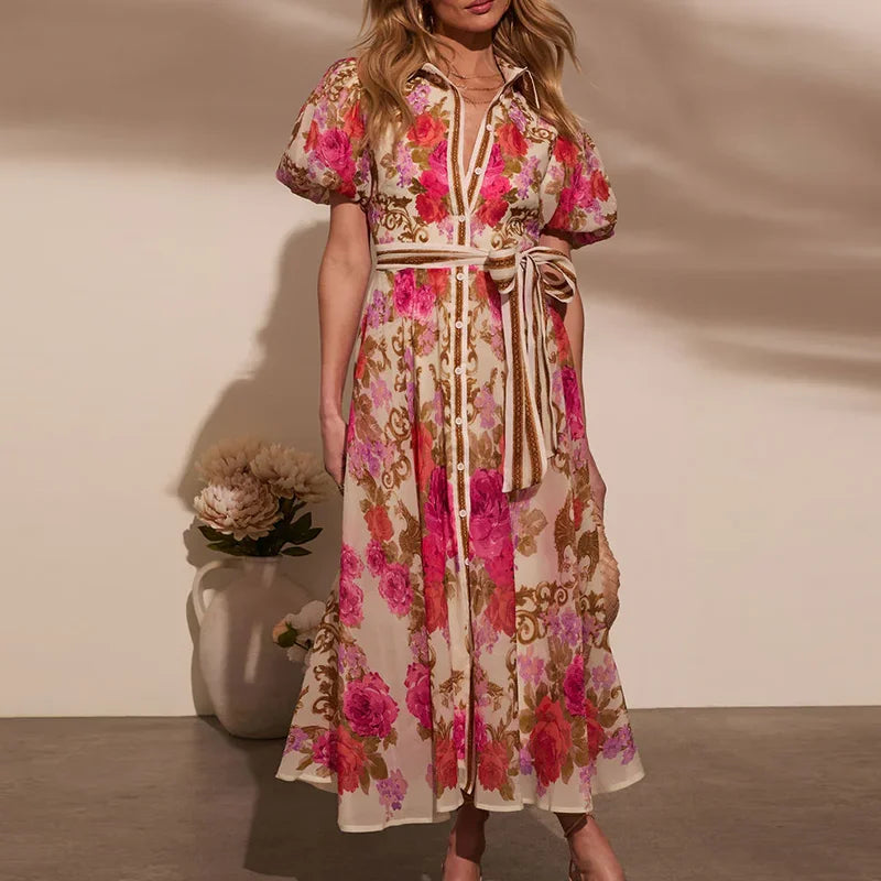 Women Casual Floral Print Bohemian Party Dress Chic Summer Lace-up Long Dress Ladies Elegant Single Breasted Shirts Dress 2025