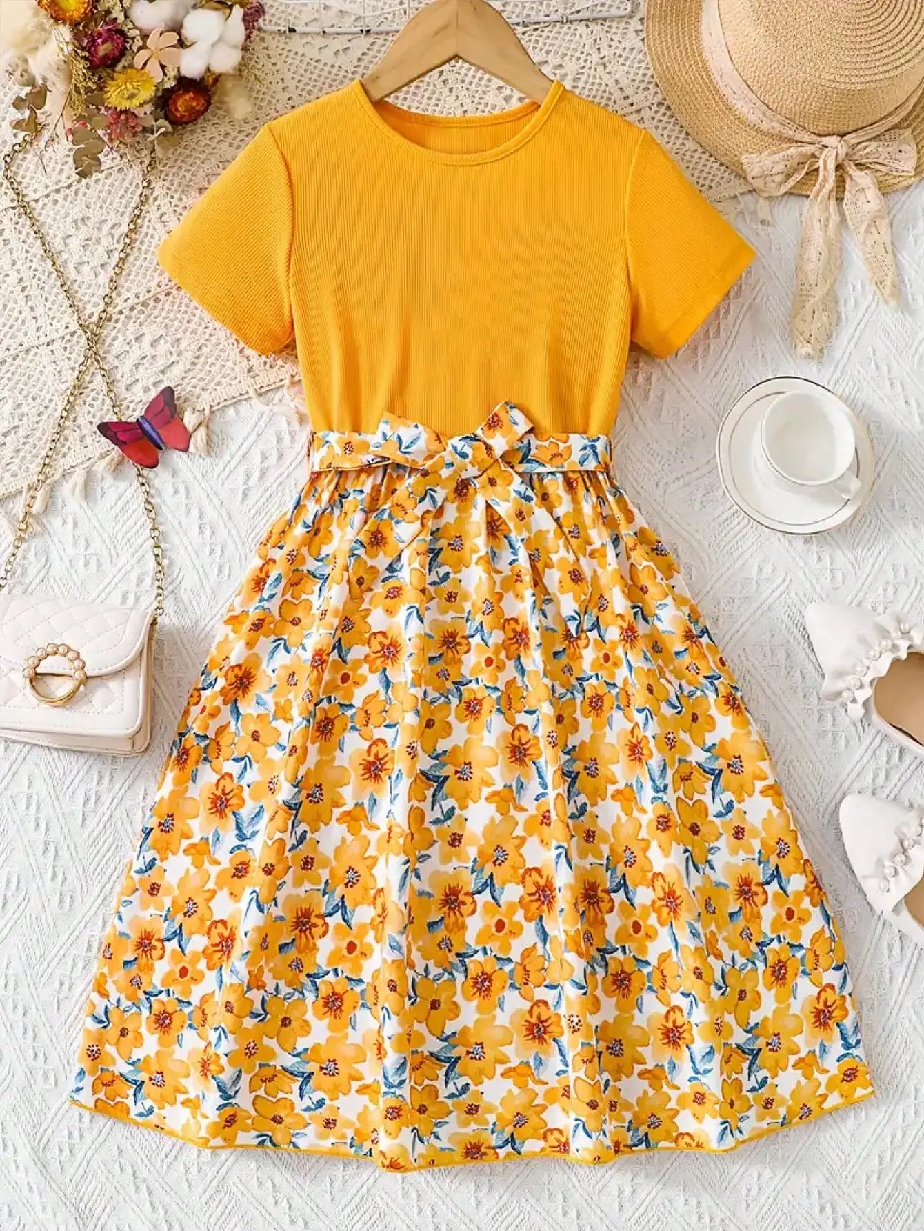2026 Summer New Collection, Children's and Women's Clothing, Small Flying Sleeve Printed Round Neck Cute Plush Dress
