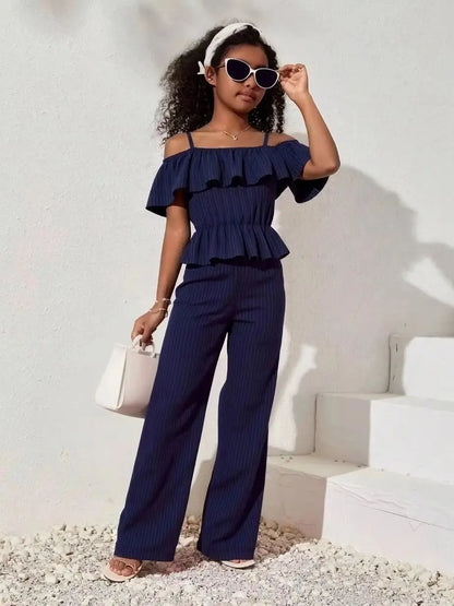 Girls Casual Long Pants Set Summer Fashion One-Shoulder Strap Top And Long Pants Outfit Suitable for Outdoor Scenarios