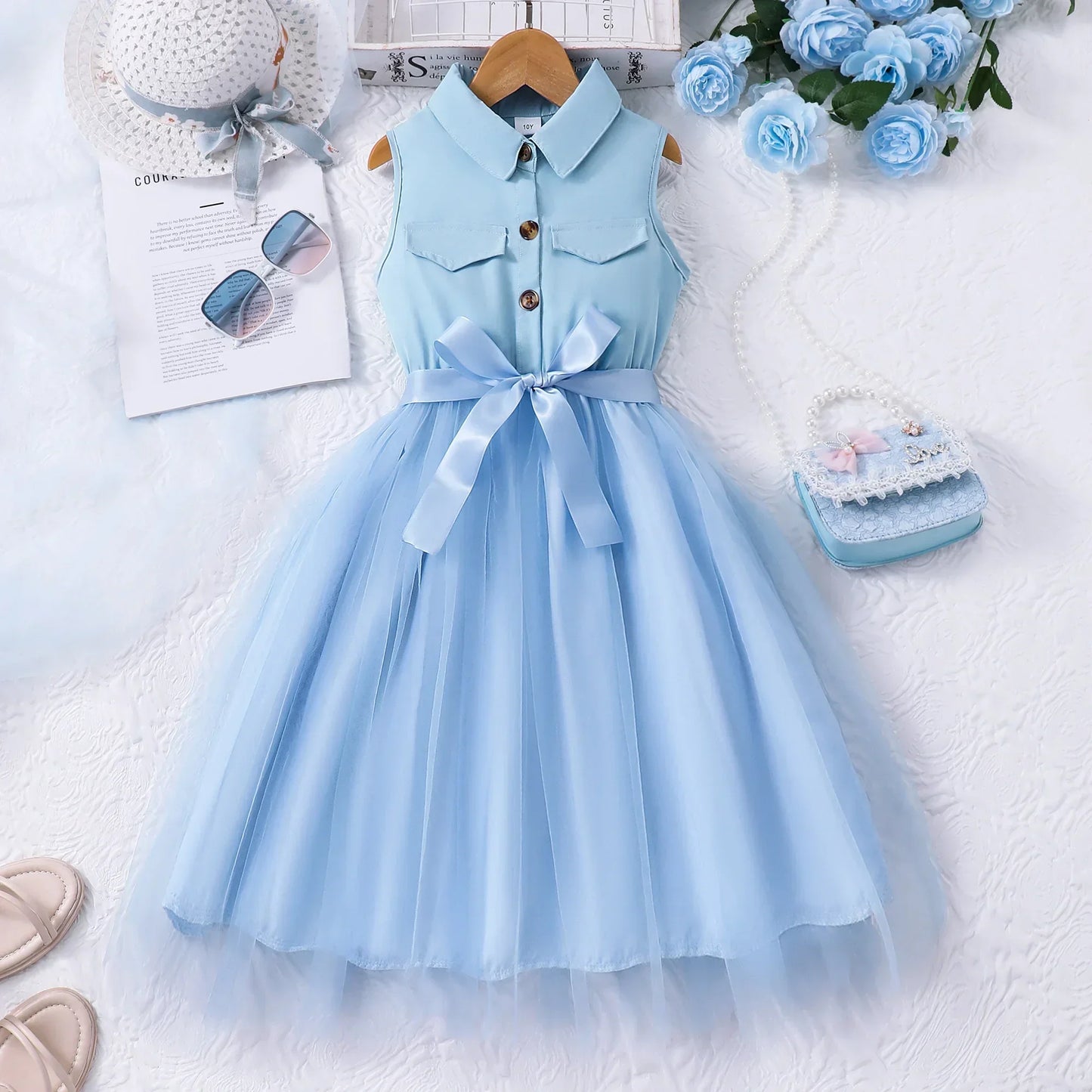 2025 Teen Girl Dress Summer Blue KIds Dresses Sleeveless Casual Vacation Elegant Mesh Children Princess Dress 7 8 9 10 11 12 Yrs