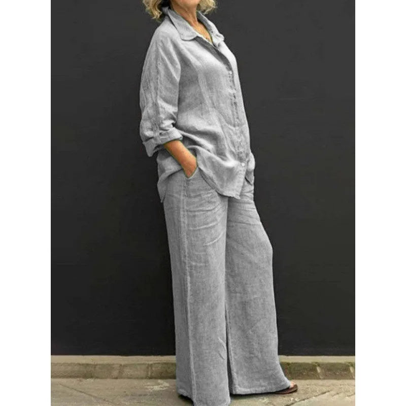 Spring and Summer Suit Women's Lapel Long-sleeved Loose Shirt High Waist Wide-leg Pants Casual Two-piece Set