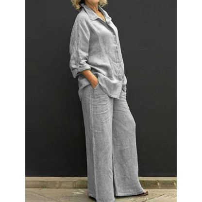 Spring and Summer Suit Women's Lapel Long-sleeved Loose Shirt High Waist Wide-leg Pants Casual Two-piece Set