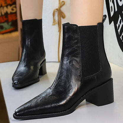 2026 New Women Chunky Heel Chelsea Boots Leather Shoes Pointed Women's Ankle Boots Fashion Women Short Boots Autumn Winter Boots