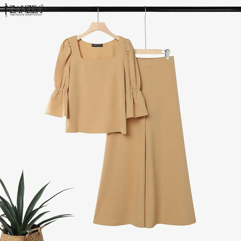 ZANZEA Fashion 2PCS Women Square Neck 3/4 Flare Sleeve Blouse Wide Leg Pant Sets Elegant Solid OL Work Outfit 2 Pieces Sets 2026