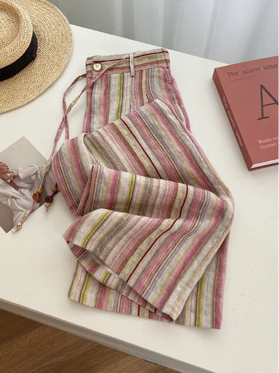 Pink Striped Wide Leg Pants Loose Fit Casual Summer Trousers for plus Size Women Comfortable Elastic Waist Straight Cut