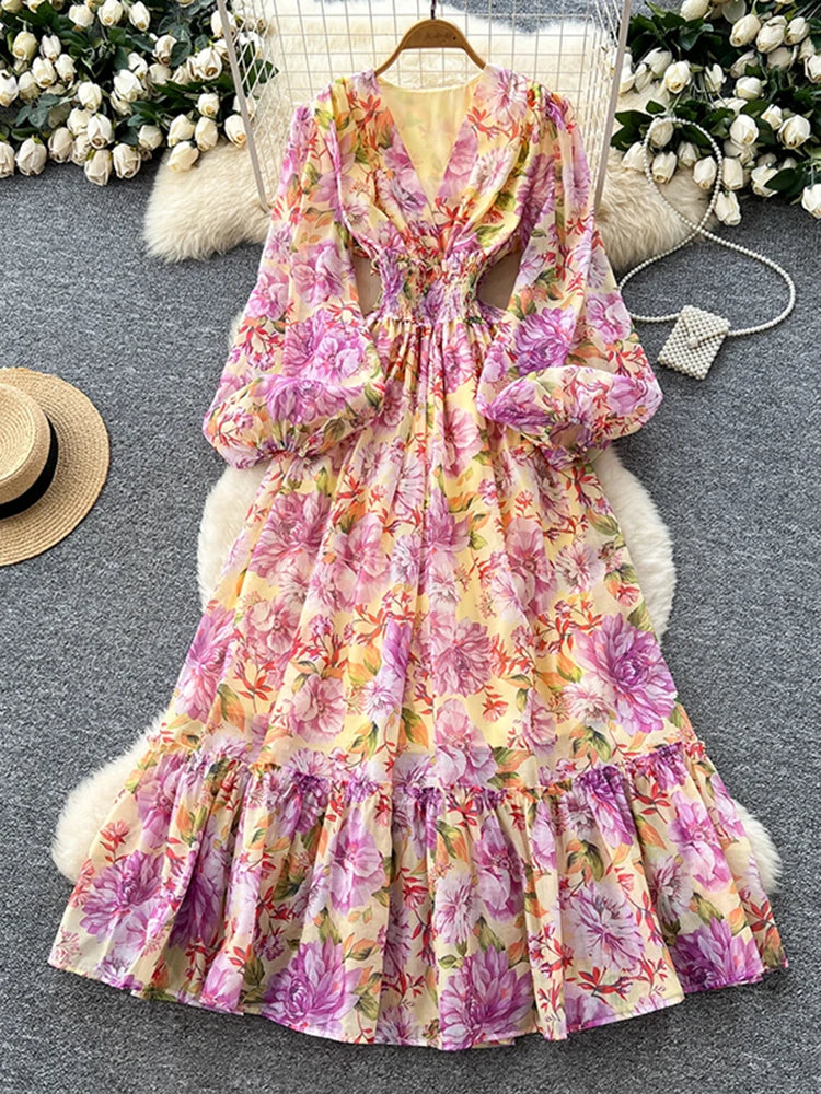 Spring Autumn French V-neck Lantern Sleeve Chiffon Dress Women Fashionable Elegant Elastic Waist Lotus Leaf Edge Length Dress L8