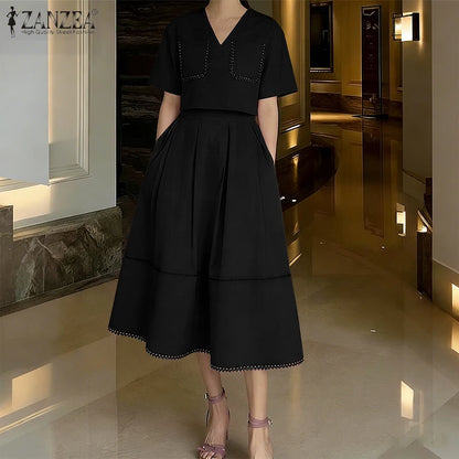 2026 ZANZEA Summer Elegant V Neck Short Sleeve Blouse Dress Sets Stylish Women Outfits Elegant OL Work Suit Solid 2 Pieces Sets