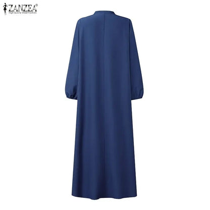 Fashion Muslim Abaya Dress ZANZEA Elegant Women Stand Neck Long Sleeve Pleated Sundress IsIamic Dubai Robe Casual Kaftan Ramadan