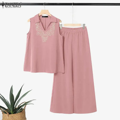 ZANZEA Fashion Summer 2 Pieces Sets Outfits Sleeveless Tanks Tops Pants Sets Women Floral Embroidered Blouse Trousers Suit 2026