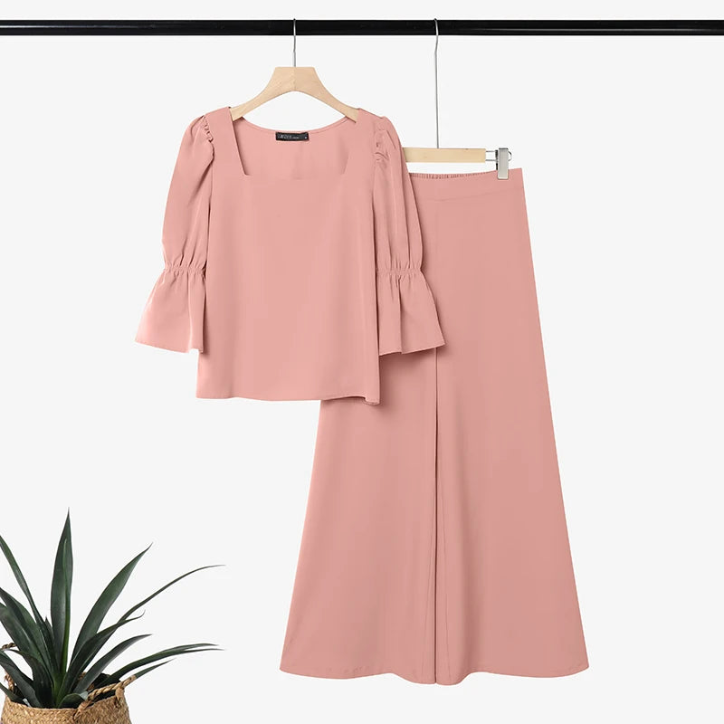 ZANZEA Fashion 2PCS Women Square Neck 3/4 Flare Sleeve Blouse Wide Leg Pant Sets Elegant Solid OL Work Outfit 2 Pieces Sets 2026