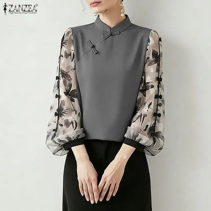ZANZEA Summer Woman Vintage Blouses Mandarin Collar Floral Printed Puff Sleeves Bows Detail Tunic Tops Casual Blusas de Mujer