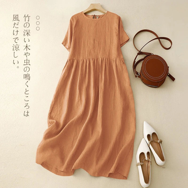 Original Women Cotton Linen Midi Dresses Summer Chic Female Vestidos Loose Soild A-Line Dress Short Puffy Sleeve Casual Sundress