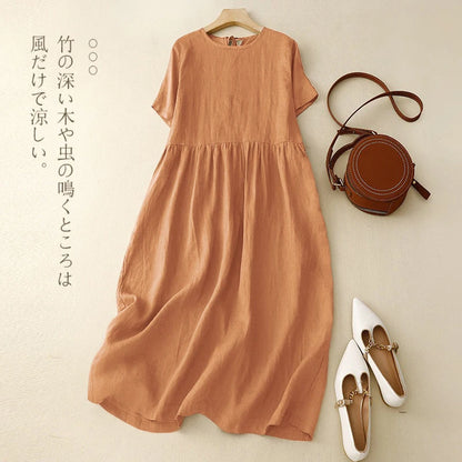 Original Women Cotton Linen Midi Dresses Summer Chic Female Vestidos Loose Soild A-Line Dress Short Puffy Sleeve Casual Sundress