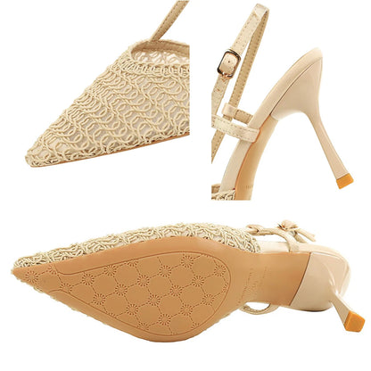 BIGTREE Shoes Woven Net High-heeled Sandals Women Shoes Summer Pointed High Heels Women Pumps Stiletto 8 CM Buckle Sandals Lady