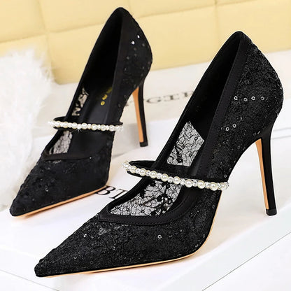 BIGTREE Shoes Rhinestone Pearl Women Pumps Lace High Heels Sexy Party Shoes Stiletto Heels Luxury Banquet Shoes Women Heels New