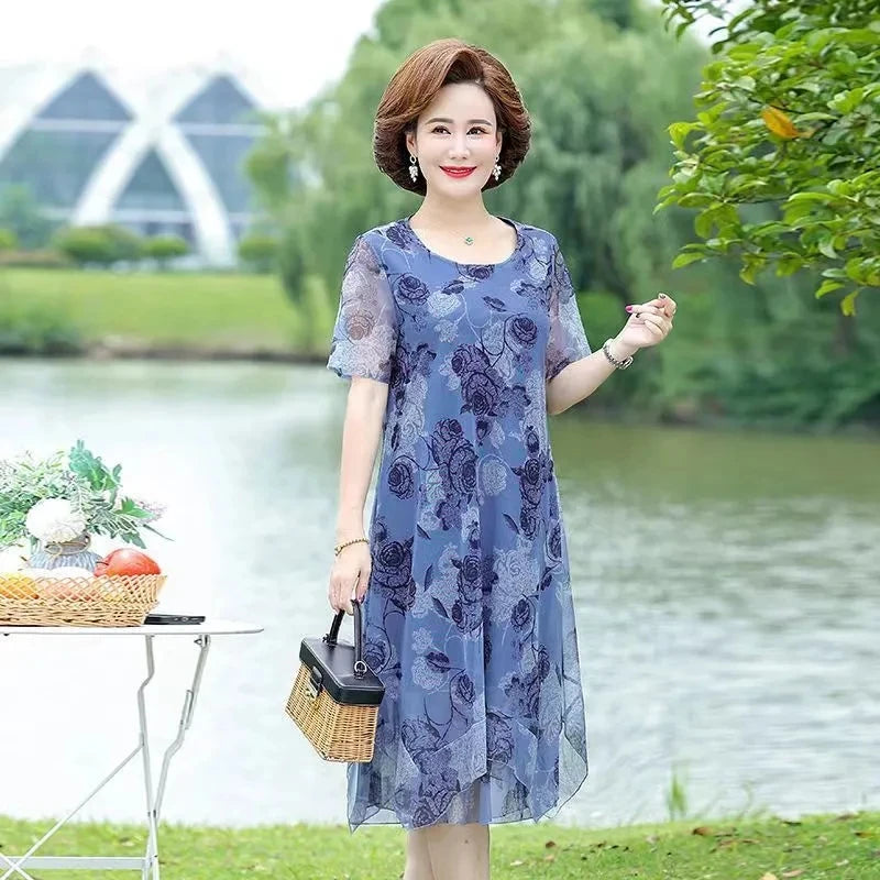 Women Summer Casual Dress Ladies Middle-aged Print Short Sleeve Pleated Dresses Female Vintage Mesh Yarn Floral Dress Vestidos
