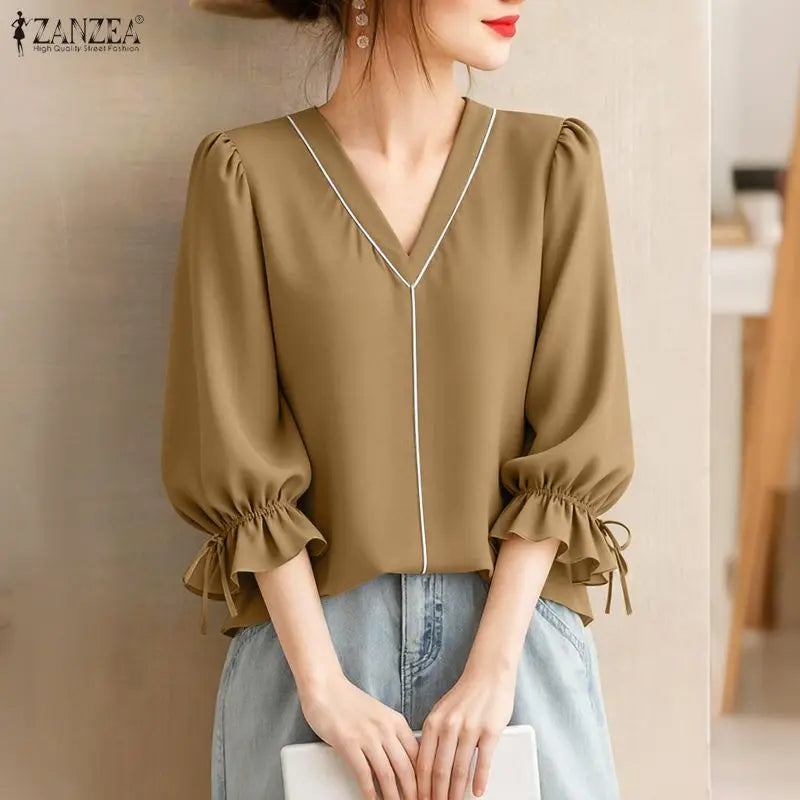 ZANZEA Elegant Contrast-Piping Women's Blouses 2026 Spring 3/4 Lantern Sleeve Tied Cuffs Solid Color Tops Woman Clothes New In
