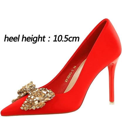 Women 7.5 cm 10.5 cm Heels Rhinestone Bow Women Pumps Silks Satins High Heels Stiletto Luxury Banquet Shoes Large Size 42 43