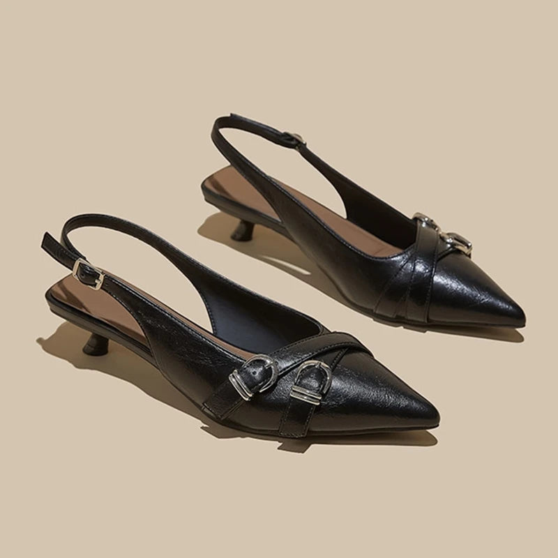 High Quality Leather Kitten-Heel Sandals Women Sexy Pointed-Toe Mules Heels for Ladies Summer Slingback Elegant Women Shoes
