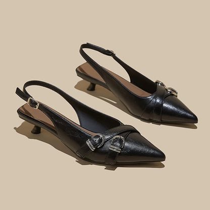 High Quality Leather Kitten-Heel Sandals Women Sexy Pointed-Toe Mules Heels for Ladies Summer Slingback Elegant Women Shoes