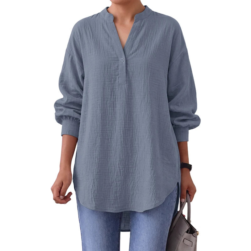 ZANZEA Oversized High-Low Blouses Woman V-Neck Lantern Sleeves Crinkled Fabric Solid Color Tops 2026 Autumn Casual Work Blusas