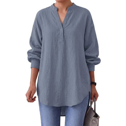 ZANZEA Oversized High-Low Blouses Woman V-Neck Lantern Sleeves Crinkled Fabric Solid Color Tops 2026 Autumn Casual Work Blusas