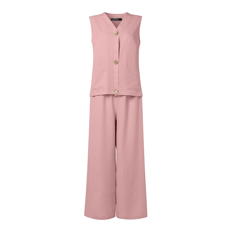 ZANZEA Fashion Women 2 Pieces Sets V Neck Buttons -Up Tanks Tops Trousers Suit Summer 2PCS Outfits Elegant OL Work Pant Sets