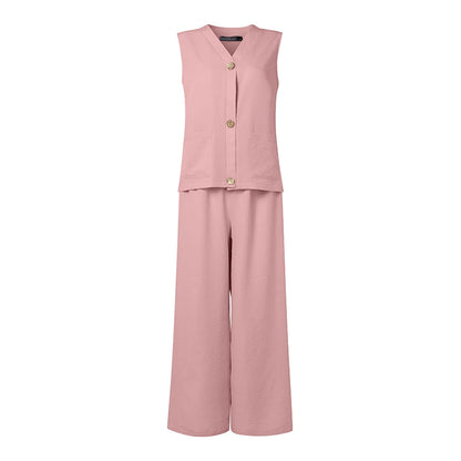 ZANZEA Fashion Women 2 Pieces Sets V Neck Buttons -Up Tanks Tops Trousers Suit Summer 2PCS Outfits Elegant OL Work Pant Sets