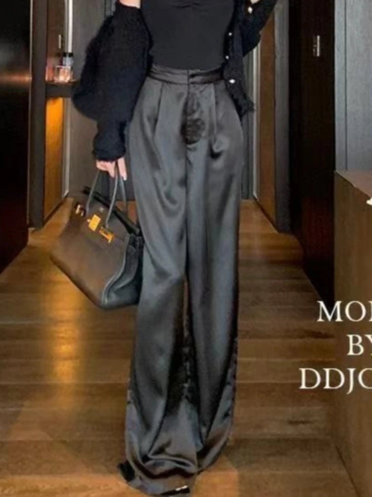 New Satin Wide Leg Pants for Women Summer High Waist Fashion Loose Casual Pants Simple All-match Straight Long Trousers 2026