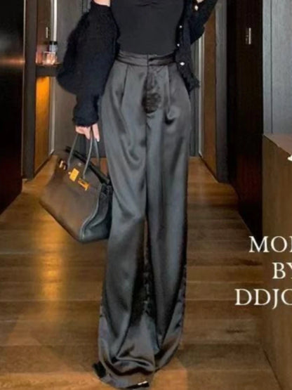 New Satin Wide Leg Pants for Women Summer High Waist Fashion Loose Casual Pants Simple All-match Straight Long Trousers 2026