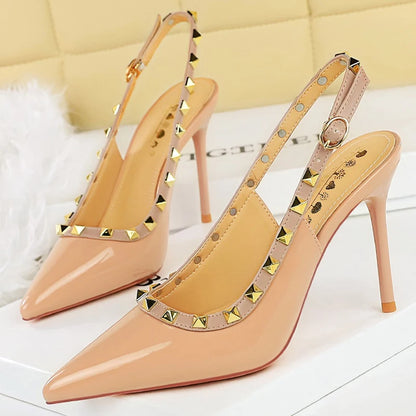 BIGTREE Shoes Rivet Design Women Pumps Patent Leather High Heels Sexy Party Shoes Stiletto Summer High Heeled Sandals Women Heel