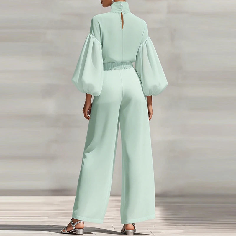 Simple Casual Solid Color Women's Suit Elegant Turtleneck Lantern Sleeve Top & High Waist Pants Set Autumn Loose 2 Piece Outfits