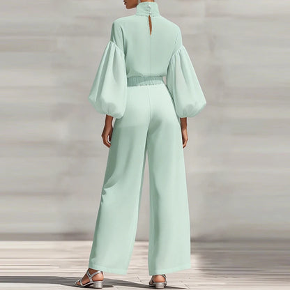 Simple Casual Solid Color Women's Suit Elegant Turtleneck Lantern Sleeve Top & High Waist Pants Set Autumn Loose 2 Piece Outfits