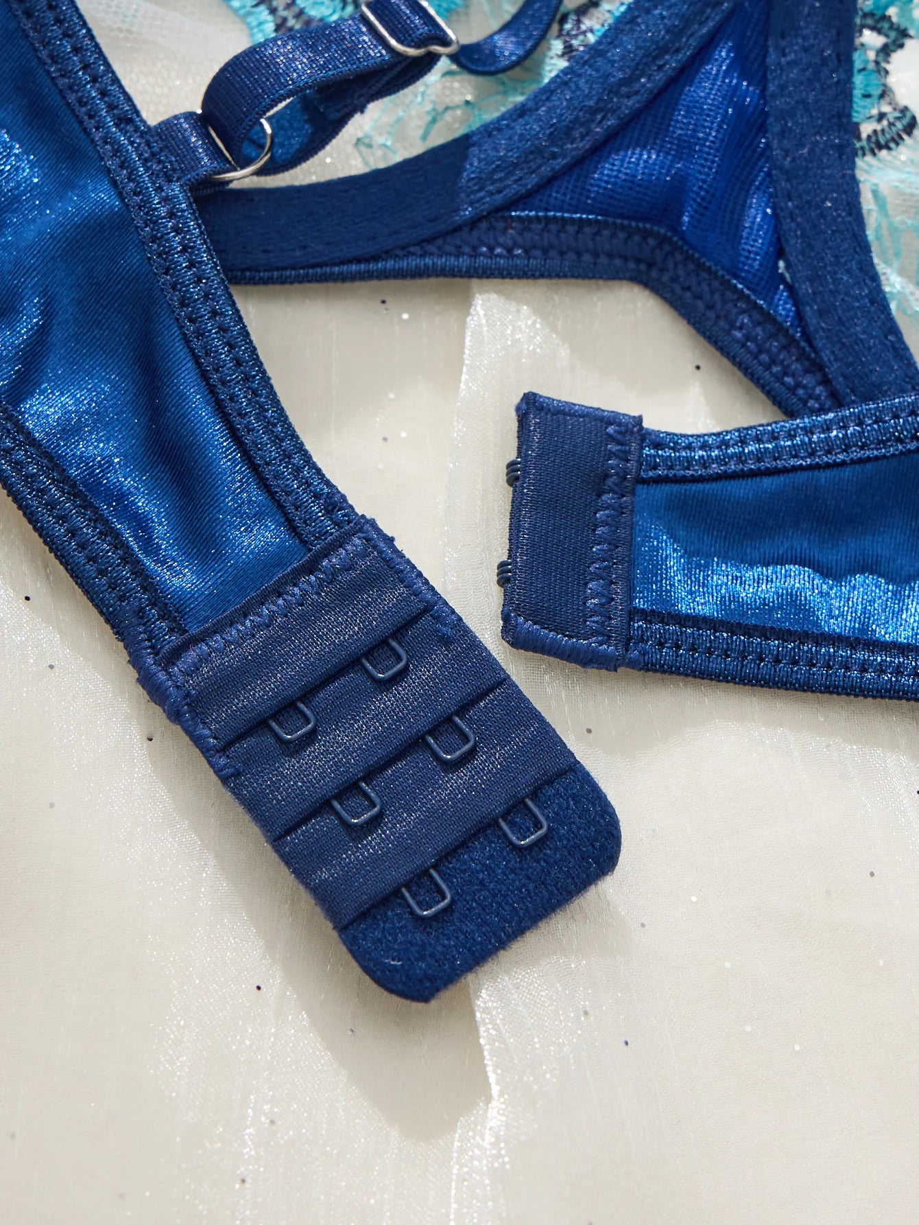 Vintage Blue Satin Lingerie Set Contrast Floral Embroidery Sheer Mesh Underwire Bra Adjustable Strap Thong Panties For Women